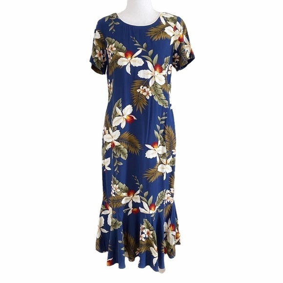 TWO PALMS NAVY HAWAIIAN FLORAL SHORT SLEEVE TRUMPET RUFFLE MAXI DRESS - S - Picture 1 of 8
